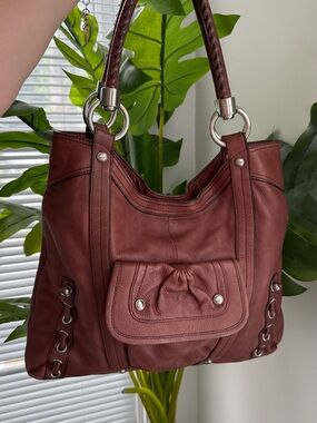 Textured Burgundy Leather Shoulder Bag with Silver Hardware